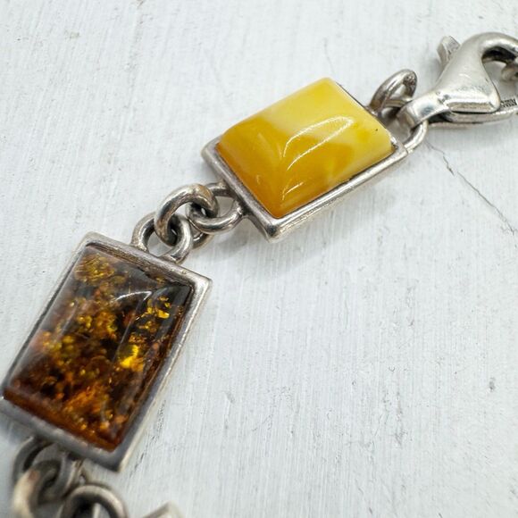 Bezel Set Amber Sterling Silver Link Bracelet Baltic Butter Cognac Honey Amber - Picture 6 of 13